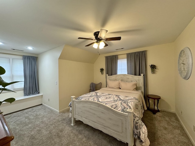 bedroom featuring carpet, ceiling fan, and lofted ceiling