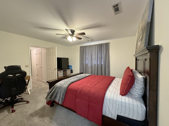 carpeted bedroom featuring ceiling fan