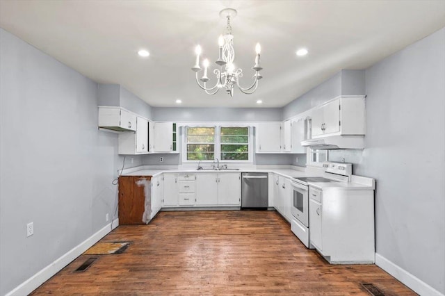 kitchen with white cabinets, dishwasher, white electric stove, and hanging light fixtures