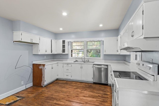 kitchen with dishwasher, white range with electric cooktop, sink, dark hardwood / wood-style floors, and white cabinetry