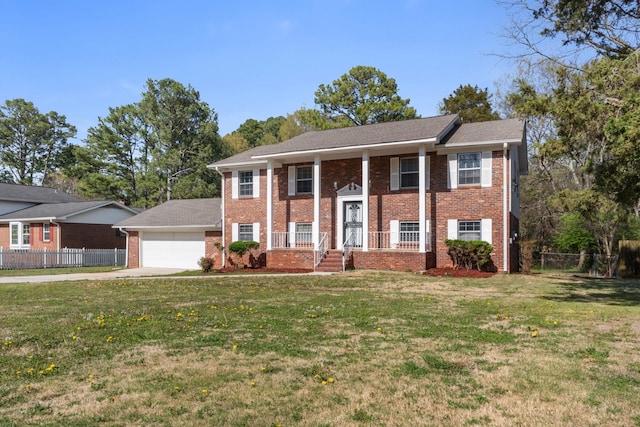 - neoclassical / greek revival house featuring brick siding, driveway, and covered porch