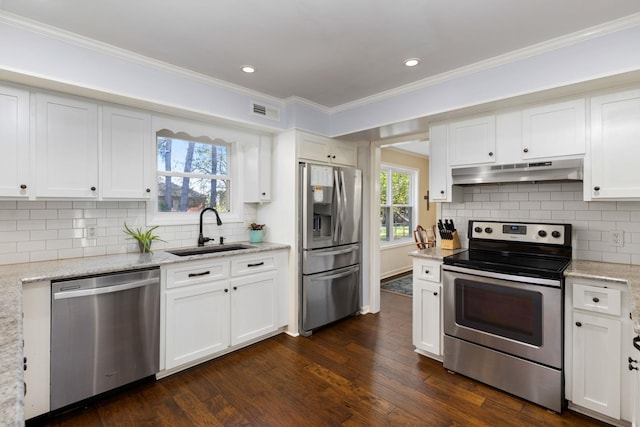 kitchen with sink, white cabinetry, stainless steel appliances, and dark wood-type flooring