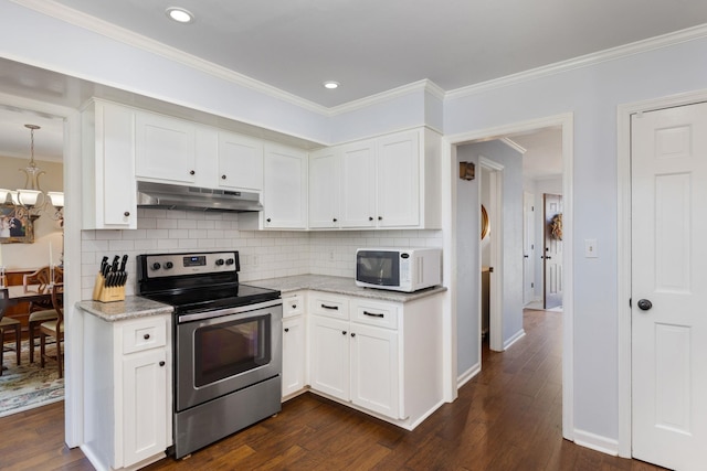 kitchen with light stone countertops, white cabinets, stainless steel electric range, and ornamental molding