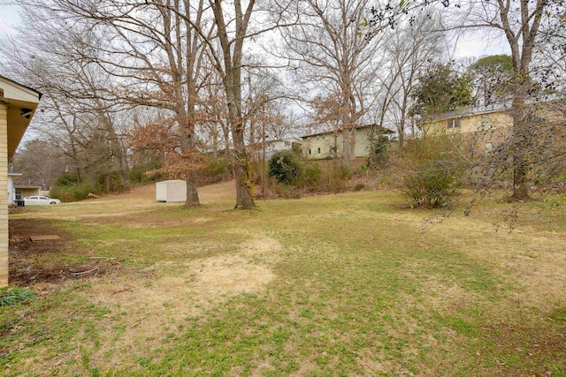 view of yard with a storage shed