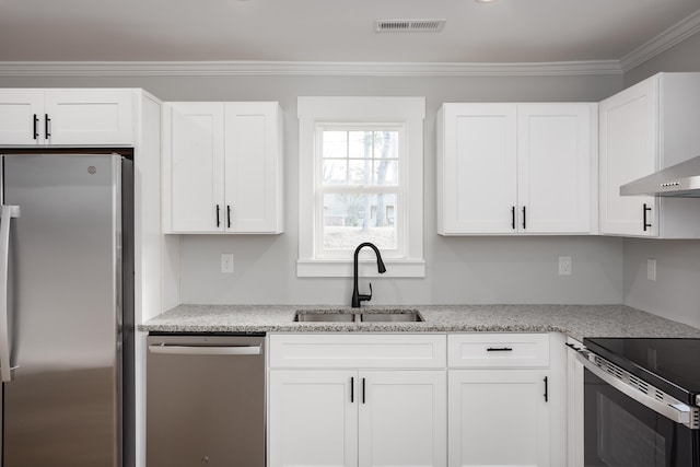 kitchen with crown molding, sink, appliances with stainless steel finishes, light stone counters, and white cabinetry