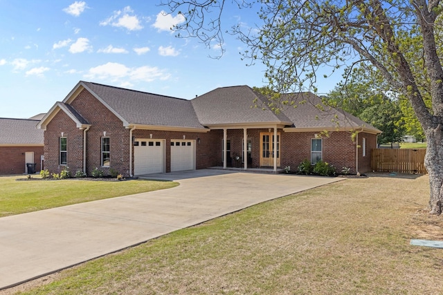 view of front of property with a garage, fence, a front lawn, and brick siding