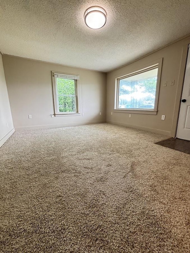 carpeted empty room featuring a wealth of natural light, baseboards, and a textured ceiling