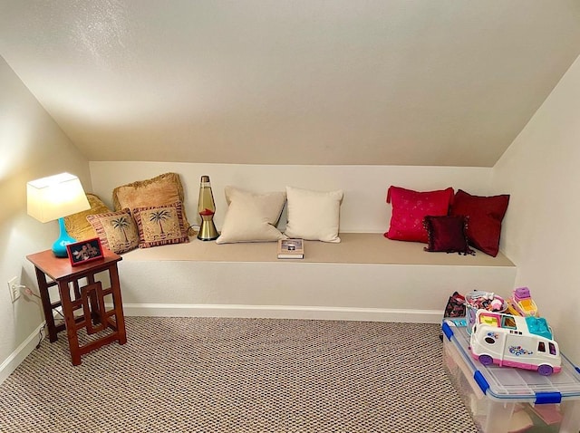 game room with carpet and lofted ceiling