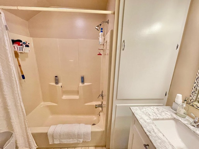 bathroom with vanity and shower / bath combo with shower curtain