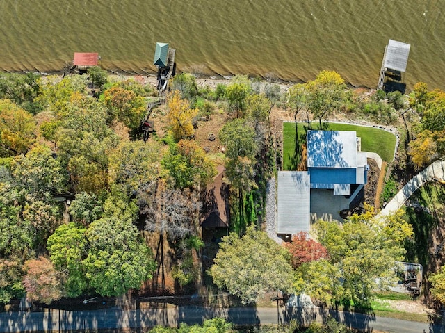 drone / aerial view featuring a water view