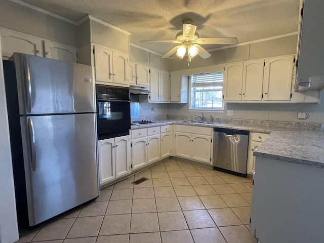 kitchen featuring black appliances, white cabinetry, sink, ceiling fan, and light tile patterned floors