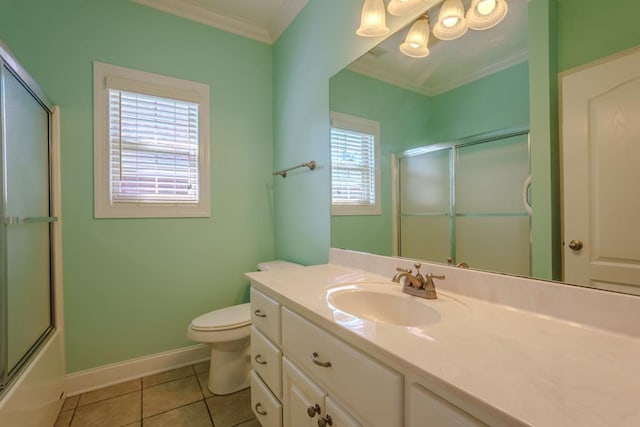 full bathroom featuring tile patterned flooring, plenty of natural light, toilet, and ornamental molding