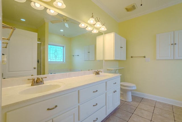 bathroom featuring vanity, a shower with door, tile patterned floors, ceiling fan, and ornamental molding