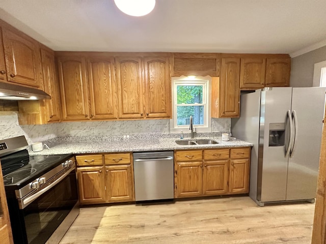 kitchen featuring decorative backsplash, sink, appliances with stainless steel finishes, and light hardwood / wood-style flooring