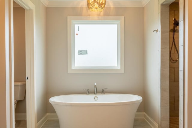 bathroom featuring independent shower and bath, crown molding, and toilet