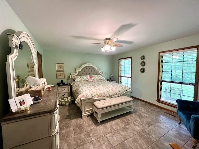 bedroom with ceiling fan and baseboards