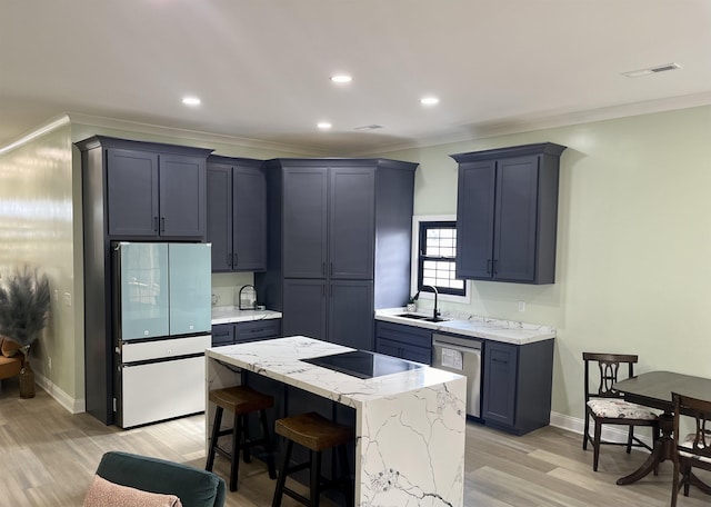 kitchen with sink, white fridge, stainless steel dishwasher, black electric cooktop, and a kitchen island