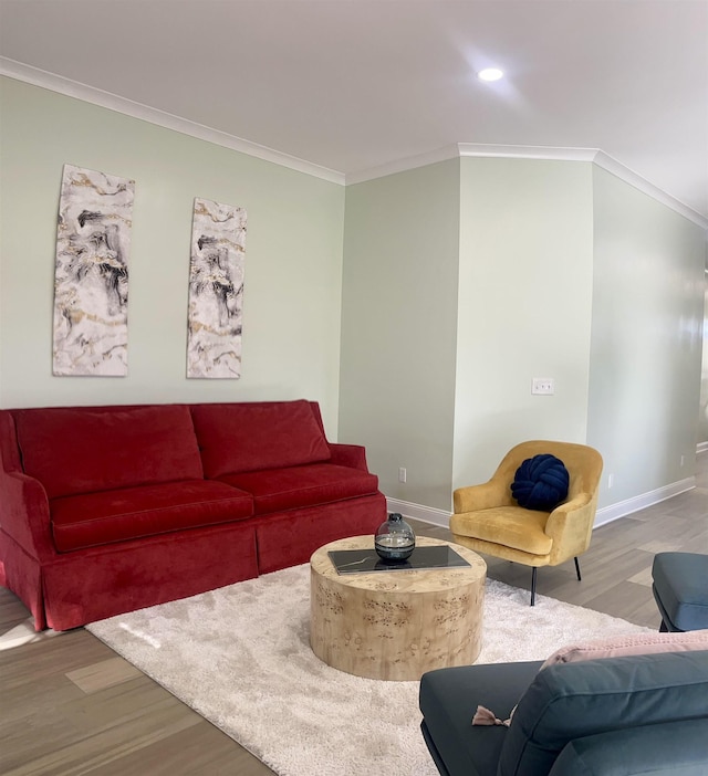 living room with wood-type flooring and ornamental molding