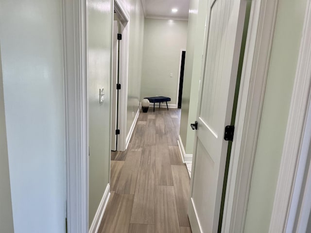 hall with light hardwood / wood-style floors and ornamental molding