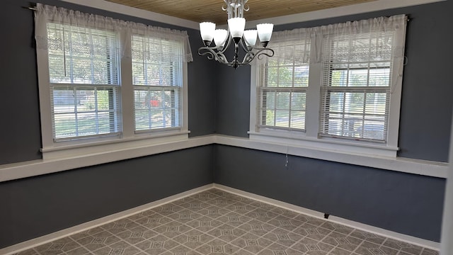 unfurnished dining area with tile patterned flooring, wooden ceiling, and an inviting chandelier