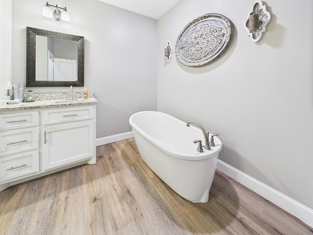  - bathroom with wood finished floors, a freestanding bath, and vanity