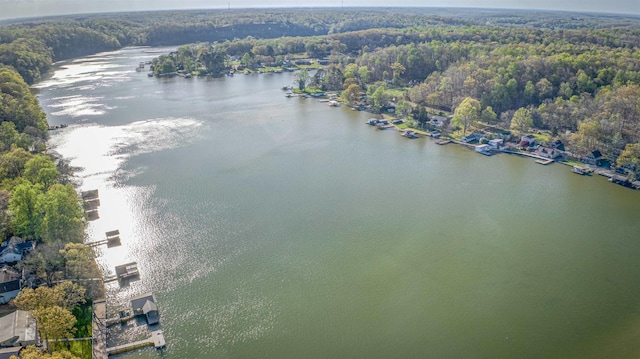 drone / aerial view with a water view and a wooded view