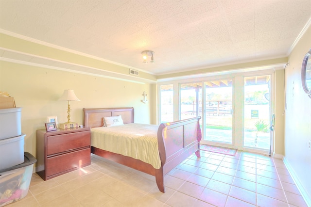 bedroom featuring light tile patterned flooring, visible vents, baseboards, ornamental molding, and access to exterior