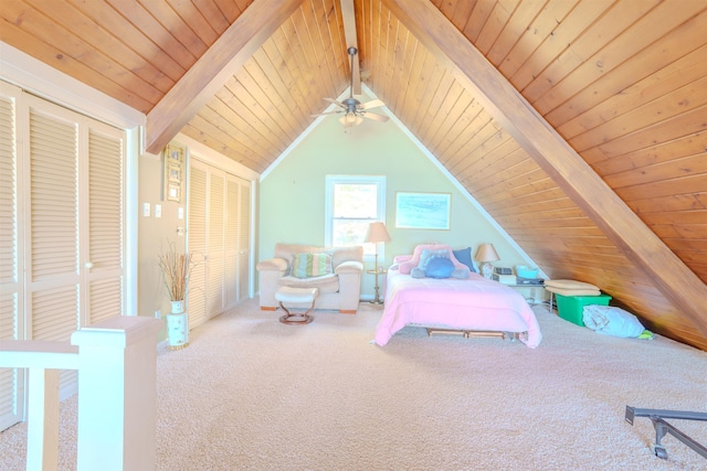 carpeted bedroom featuring lofted ceiling with beams, ceiling fan, and wood ceiling
