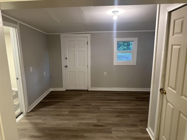 interior space featuring crown molding and dark wood-type flooring