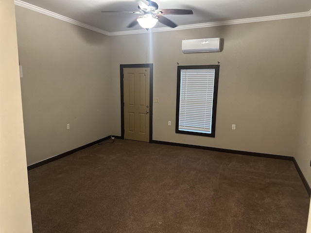 unfurnished room featuring a wall mounted AC, ceiling fan, crown molding, and dark carpet