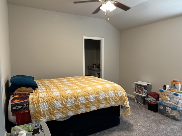 carpeted bedroom featuring ceiling fan and lofted ceiling