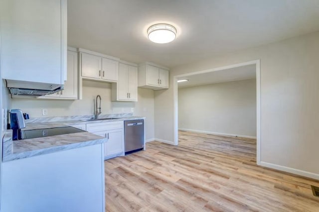 kitchen featuring stove, sink, dishwasher, light hardwood / wood-style floors, and white cabinetry