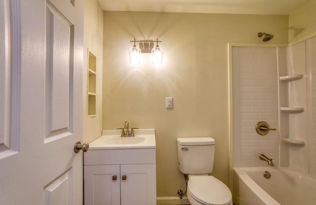 full bathroom with vanity,  shower combination, and toilet