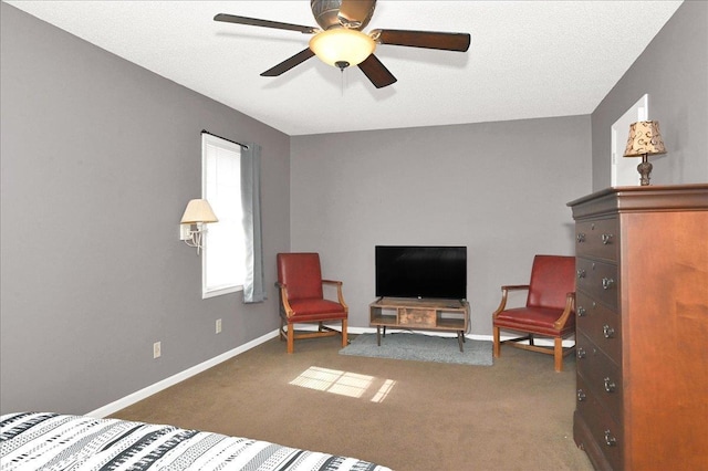 sitting room with ceiling fan, carpet floors, and a textured ceiling