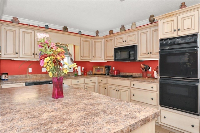 kitchen featuring black appliances, a textured ceiling, crown molding, and cream cabinets