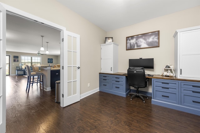 home office featuring ceiling fan and dark hardwood / wood-style flooring