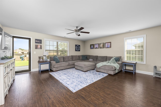 living room with a wealth of natural light, ceiling fan, and dark hardwood / wood-style floors