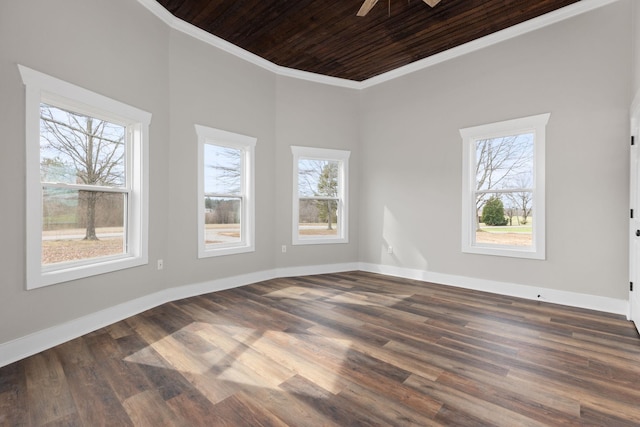 unfurnished room featuring wood ceiling, ceiling fan, crown molding, and dark wood-type flooring