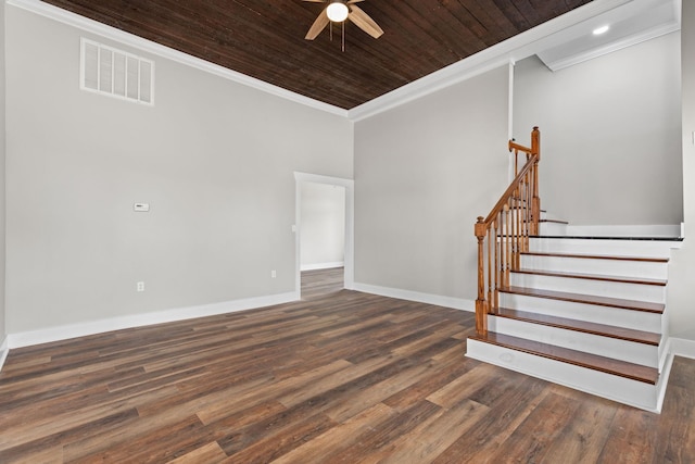 unfurnished living room with wood ceiling, ceiling fan, ornamental molding, and dark hardwood / wood-style flooring