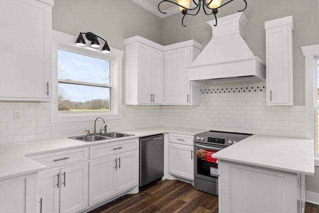 kitchen with sink, white cabinetry, stainless steel appliances, dark hardwood / wood-style floors, and custom range hood