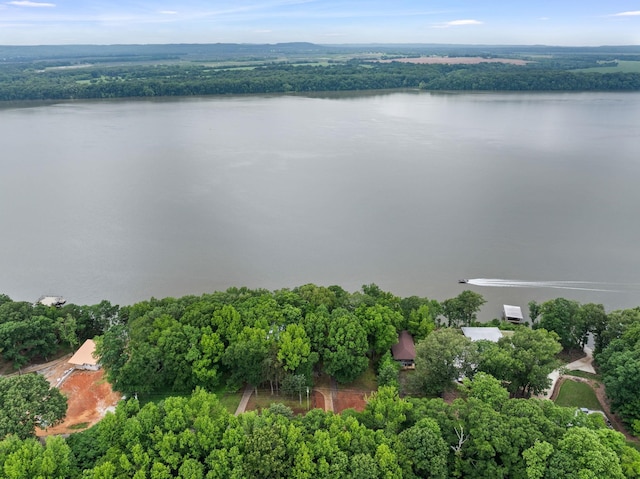 aerial view of property's location with a large body of water and a forest