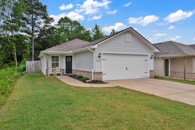 - single story home featuring an attached garage, driveway, brick siding, and roof with shingles