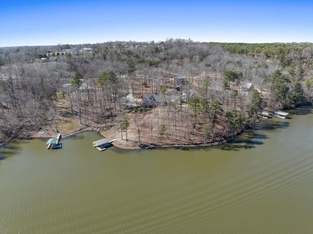 aerial view with a water view and a wooded view