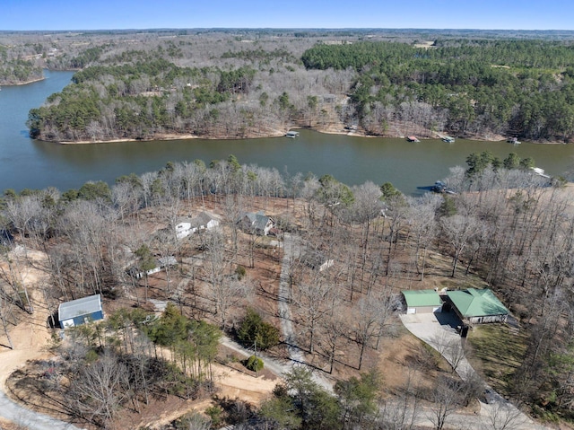 birds eye view of property with a water view and a view of trees