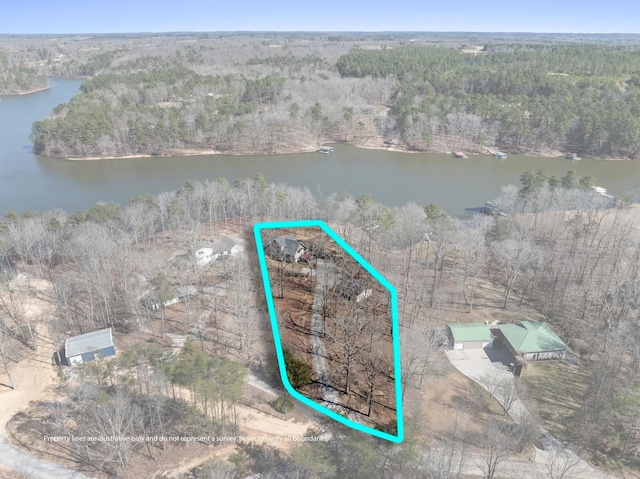 aerial view with a forest view and a water view