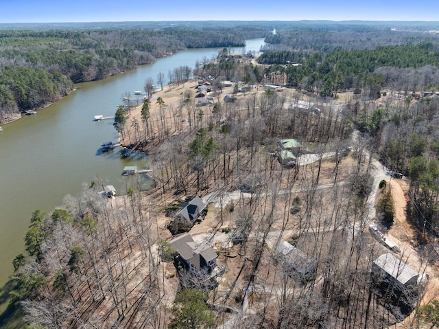 drone / aerial view featuring a forest view and a water view