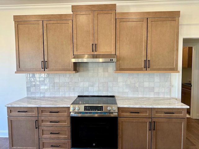 kitchen featuring tasteful backsplash, ornamental molding, light stone countertops, and stainless steel electric range oven