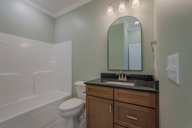 bathroom with tile patterned floors, vanity, toilet, and crown molding