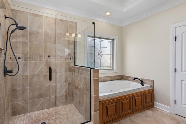 bathroom featuring tile patterned flooring, separate shower and tub, and ornamental molding