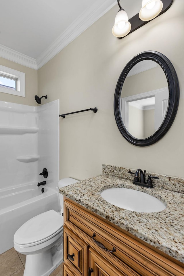 full bathroom with vanity,  shower combination, crown molding, tile patterned flooring, and toilet